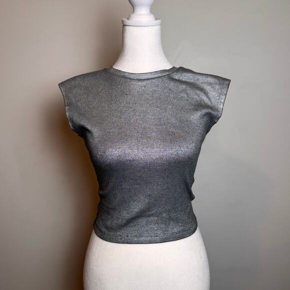 Zara Silver Foil Rib Open Back T-Shirt - Size S - Picture 2 of 7